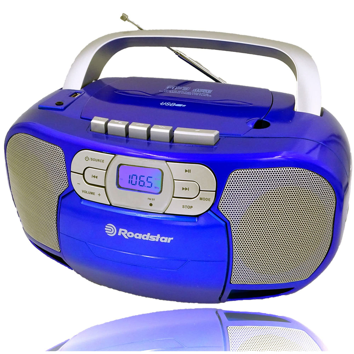 Roadstar RCR-4635UMP/BL Radio CD Portátil Cassette, Radio Digital PLL FM, Boombox Reproductor CD-MP3, USB, AUX-IN, Salida de Auriculares, Azul