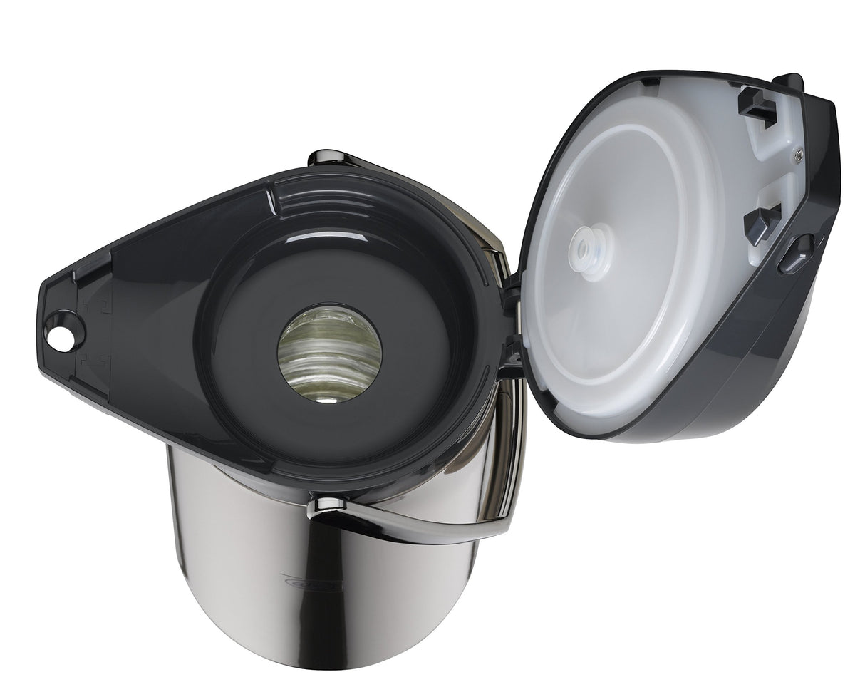 alfi GETRÄNKESPENDER 2,2 l, jarra con bomba de acero inoxidable pulido con inserción de vidrio duro, bomba integrada, mantiene el calor 12 horas y el frío 24 horas, 24 tazas, fondo 360°, para catering