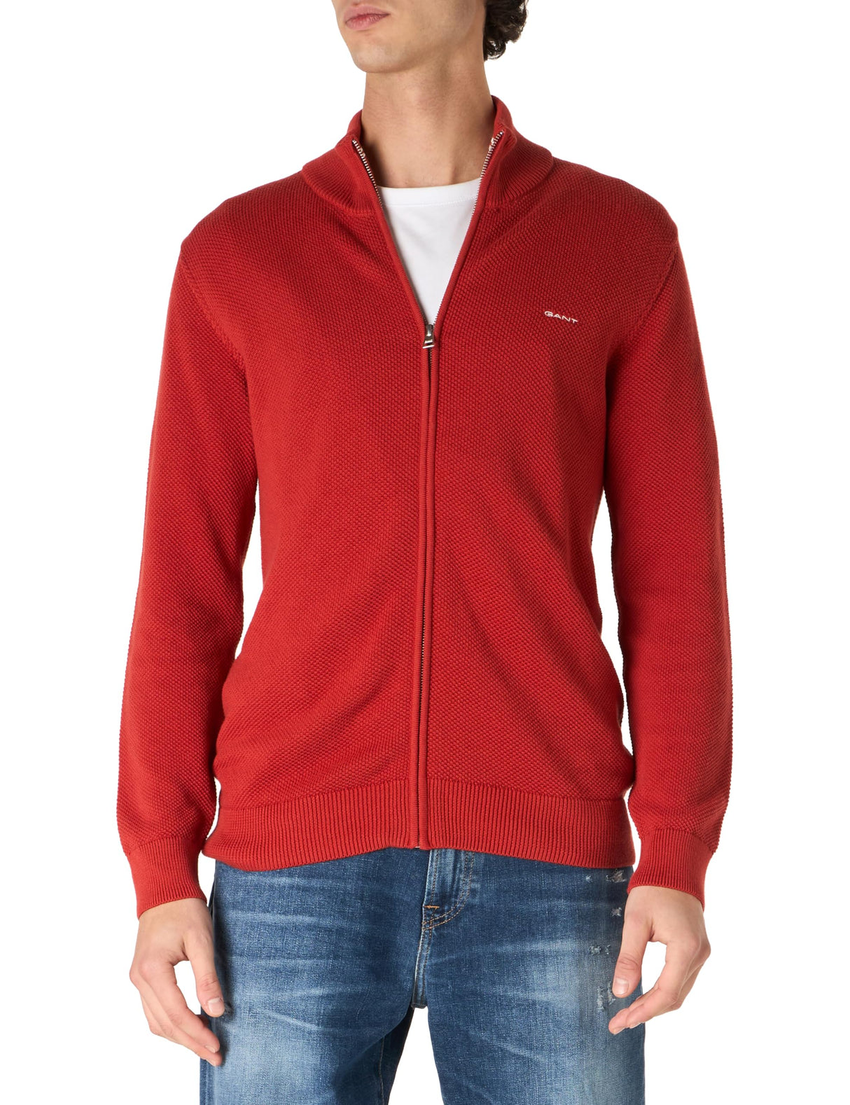 GANT Cárdigan de algodón con Cremallera de Pique, Hierro Rojo, S