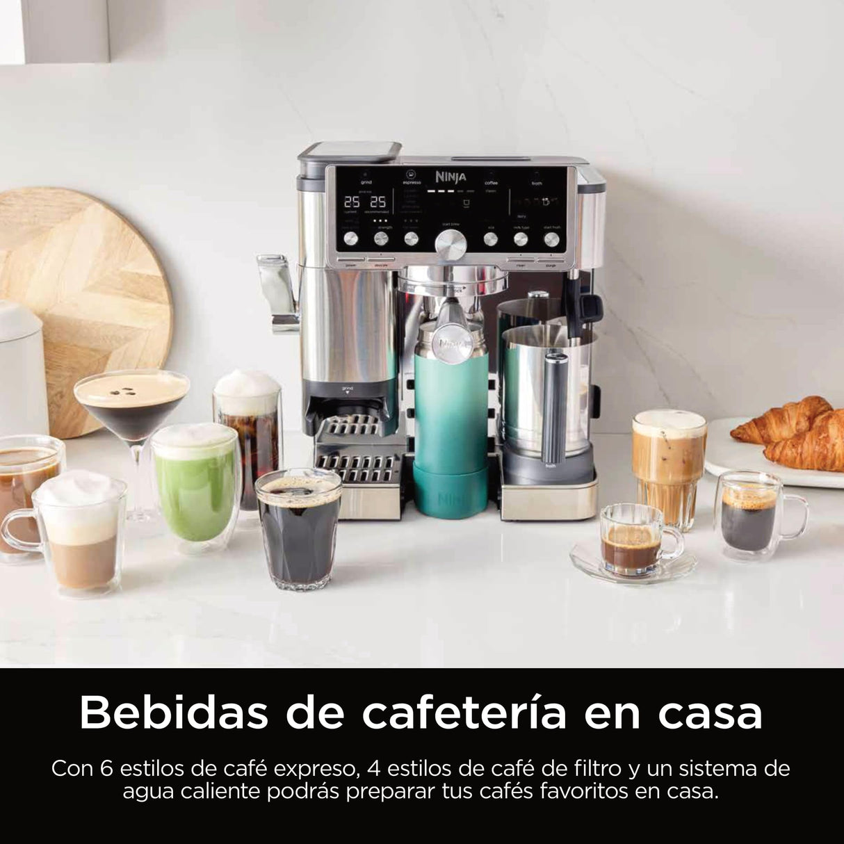 Ninja Luxe Pro Cafetera 3 en 1 para latte, cappuccino, cold brew y espresso con molinillo y espumador de leche integrados, fácil de usar y 5 preajustes automáticos de espuma, plata, ES701EU