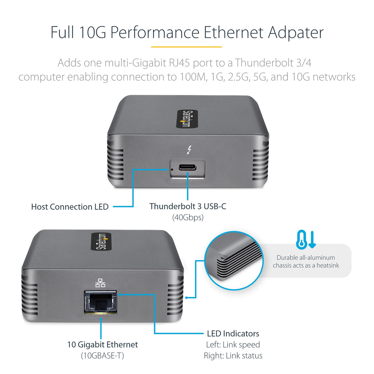 StarTech.com Adaptador de Red Ethernet Thunderbolt 3-10GbE - Multigigabit - Adaptador de Red Externo Thunderbolt 3 a RJ45 - Nic 10GBASE-T/5-2.5GBASE-T - 10Gb - Cable TB3 - Win/Mac (TB310G2)