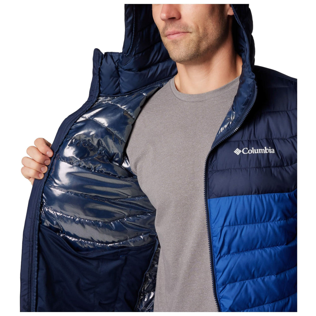 Columbia Powder Lite 2-Chaqueta con Capucha Acolchada, Mountain Blue/Collegiate Navy, L para Hombre