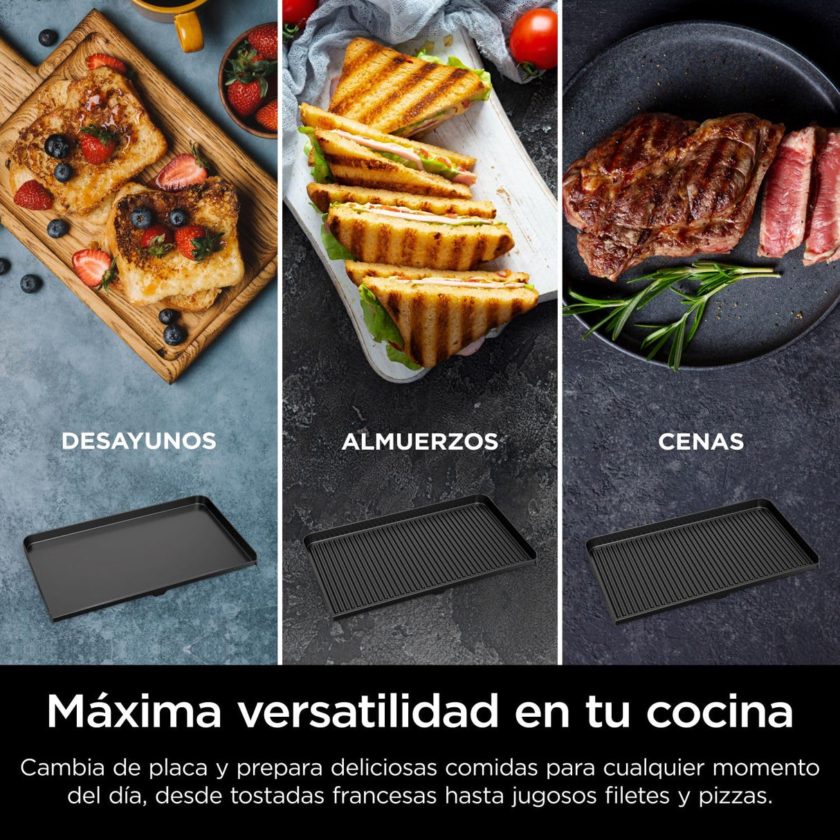 Ninja Sizzle Pro XL Parrilla y plancha para interior, con placa de parrilla y plancha cerámicas antiadherentes, tapa desmontable, recogegrasas y guía de recetas, color plateado/negro GX101EU