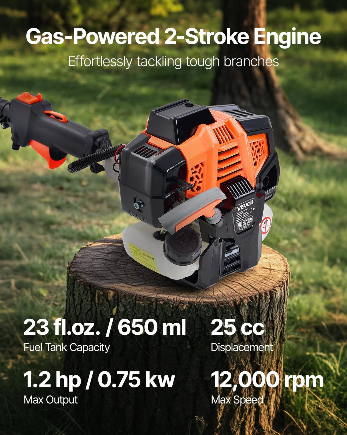 VEVOR Motosierra de Pértiga a Gasolina, Motosierra Inalámbrica de 25 cc y 2 Tiempos con Barra de Corte de 30,5 cm, Tanque de Combustible de 650 ml y Extensible de 2,12-3,62 m para Podar Árboles