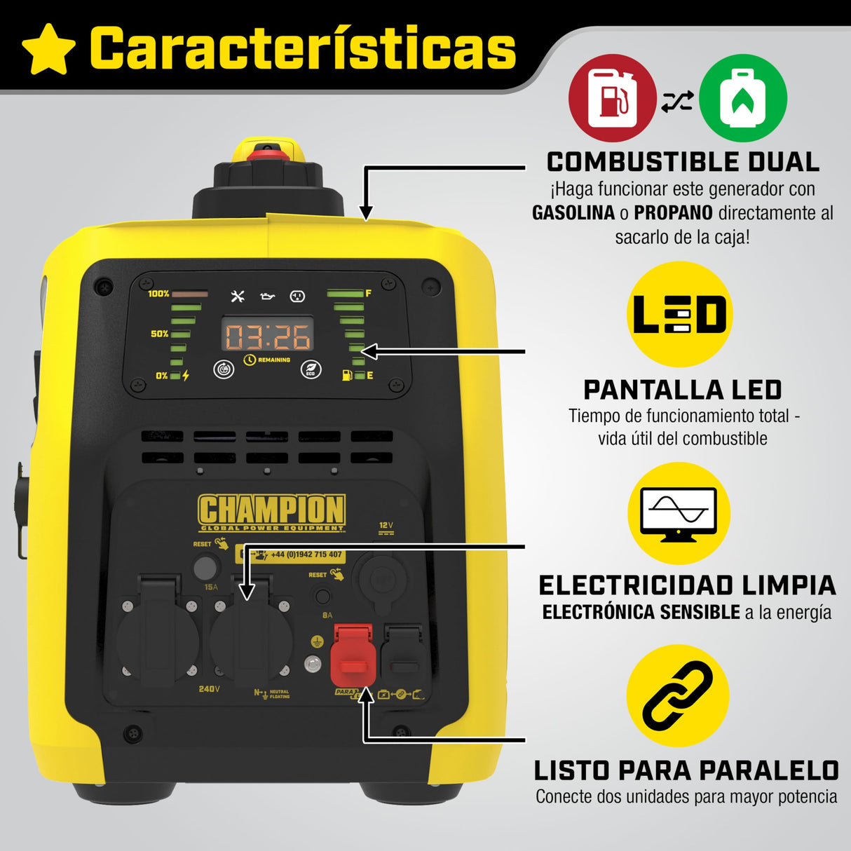 Champion Power Equipment Generador Gasolina + Gas (2000 W, inversor, generador con pantalla LED, doble combustible, extremadamente silencioso) 8200i-E-DF-EU