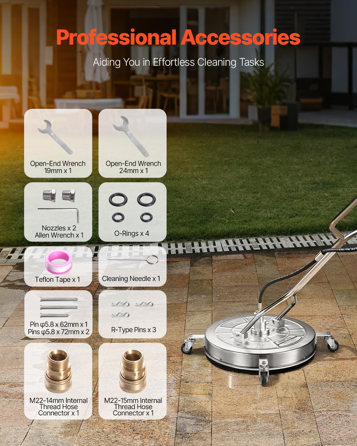 VEVOR Limpiador de Superficies con Hidrolavadora, Acero Inoxidable, 4 Ruedas, Forma Redondo, 27,58 Mpa máx., 2 Boquillas Rociadoras, Mango Doble, para Concreto, Patio, Acera, 612 x 612 x 1500 mm
