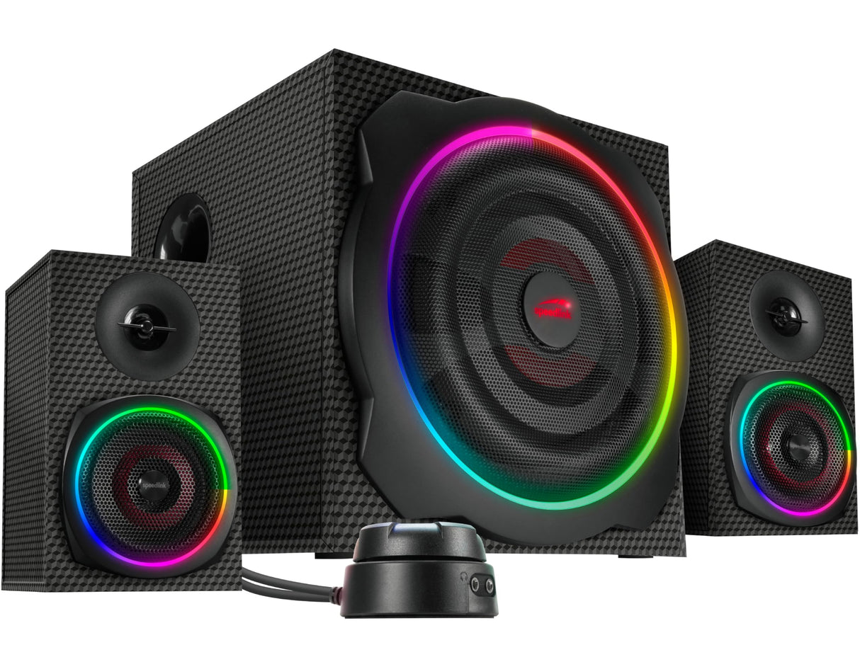 Speedlink GRAVITY CARBON RGB 2.1 Sistema subwoofer - Sistema de altavoces con conexión Bluetooth para teléfono inteligente/tableta, 120 W de potencia máxima, negro