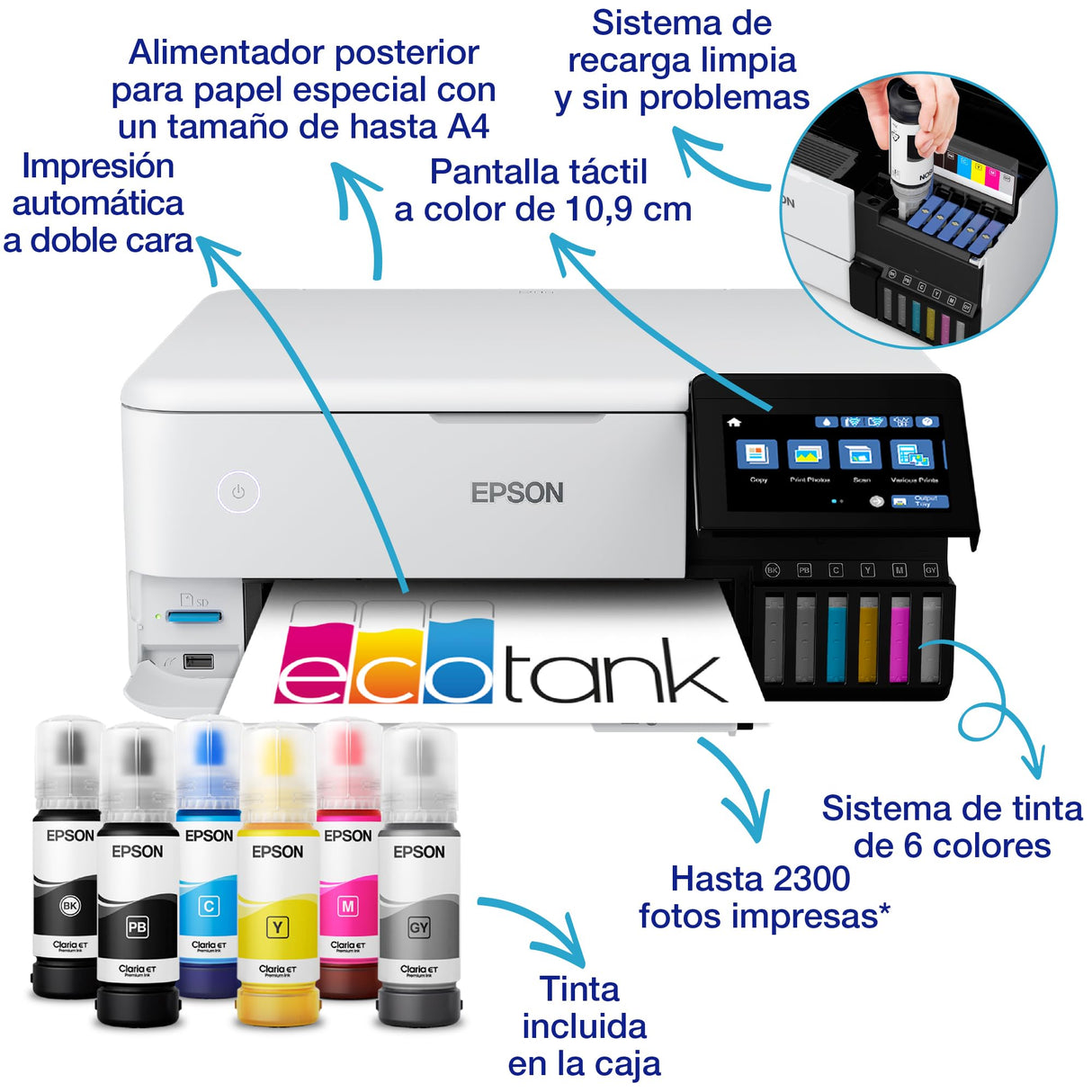 Impresora fotográfica EcoTank ET-8500 A4 con depósito de tinta y Wi-Fi