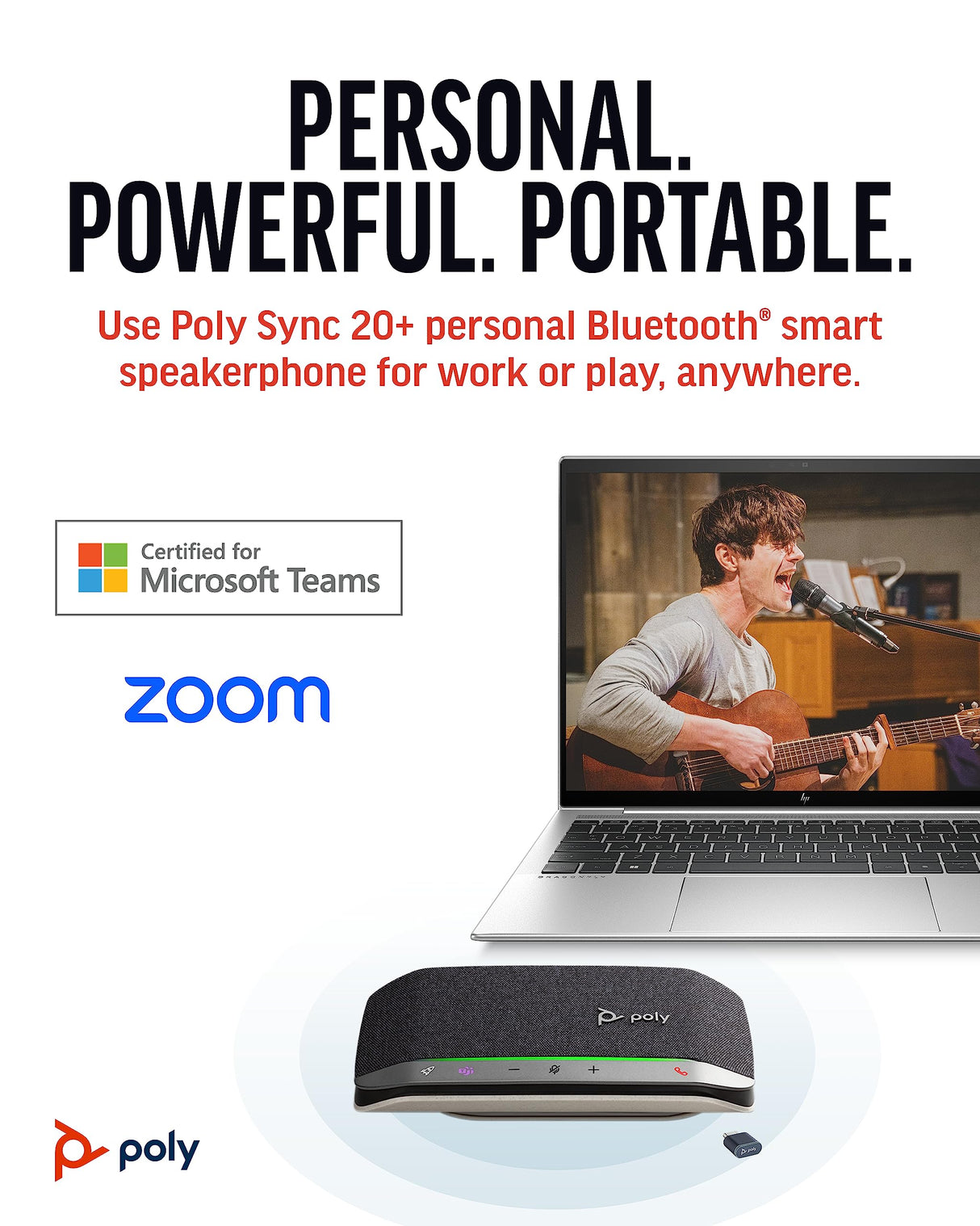 Altavoz manos libres Bluetooth portátil personal Poly Sync 20+ (Plantronics) - Reducción del ruido o de ecos, Adaptador Bluetooth USB-C, Funciona con Teams (certificado), Zoom, PC, teléfonos celulares