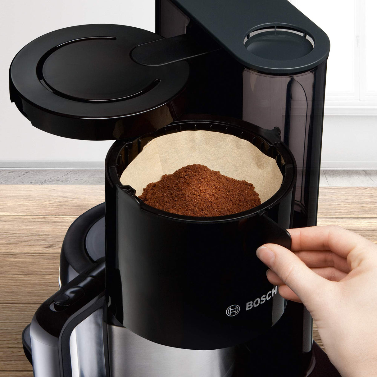 Bosch TKA8A053 Styline - Cafetera de filtro, jarra térmica, ajuste automático, tiempo de preparación, depósito de agua extraíble (1 L), 1100 W, color negro