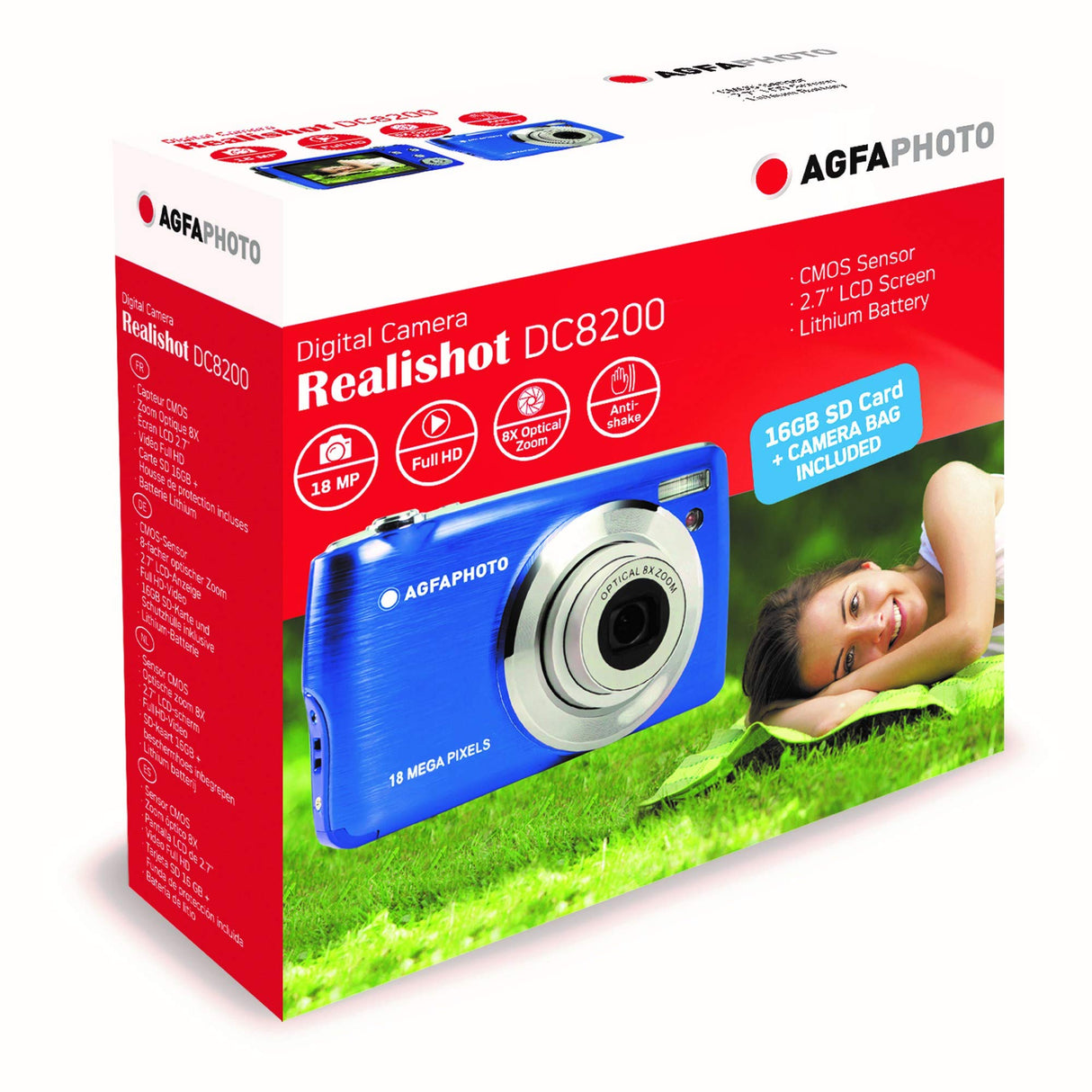 AGFA Photo Realishot DC8200 - Cámara Digital Compacta, 18MP, Video Full HD, Pantalla LCD 2.7'', Zoom Óptico 8X, Batería de Litio y Tarjeta SD de 16GB - Azul