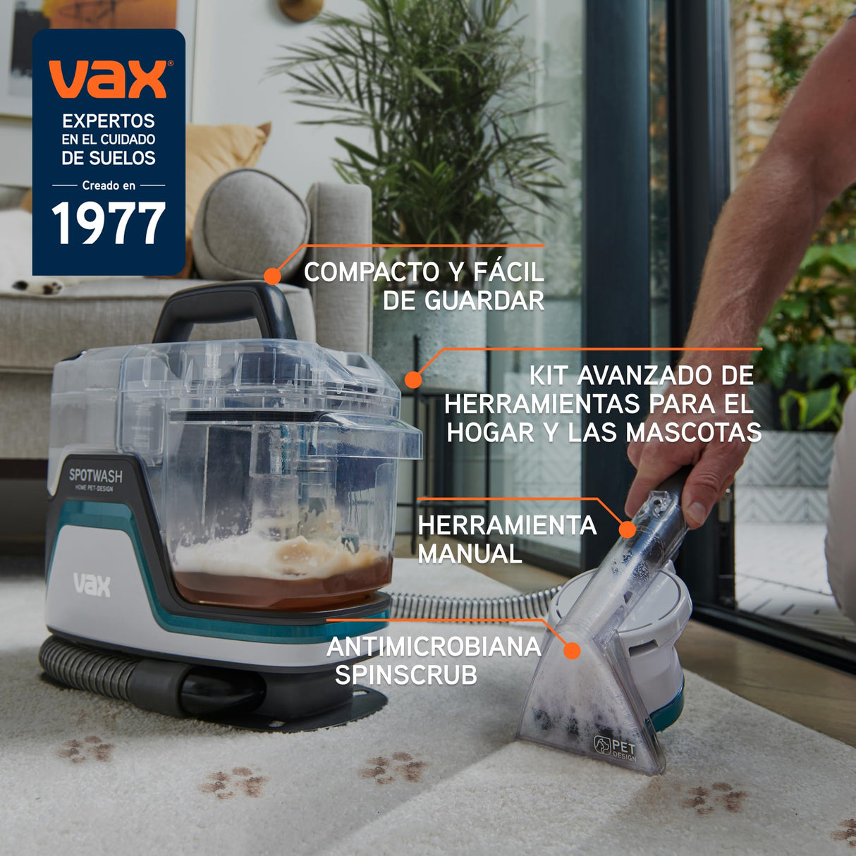 Vax Limpiador quitamanchas SpotWash Home Duo Pet-Design, quitamanchas para alfombras, tapicerías con tecnología SpinScrub, limpieza de alto rendimiento para suciedad de mascotas, secado rápido