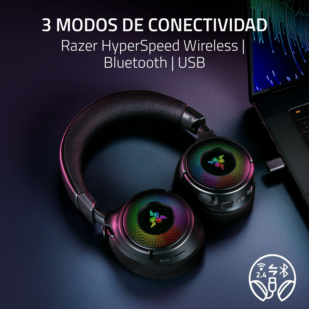 Razer Kraken V4 - Wireless Gaming Headset (3 Modes Connectivity, Triforce 40mm Drivers, 9-Zone RGB Earcup Lighting, Mix & Volume adjustments, THX Spatial Audio) Black