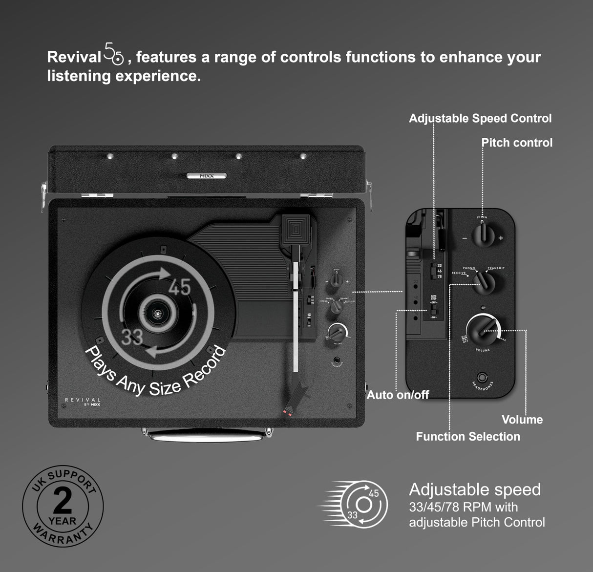 Mixx Audio - Platino de Vinilo portátil BT Revival 55 Stereo - Negro