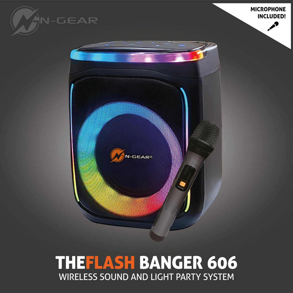 N-Gear Flash Banger 606 - Altavoz Bluetooth portatil con Luces - Party Altavoz de 300W con micrófono inalámbrico y batería integrada - 6 Horas de reproducción