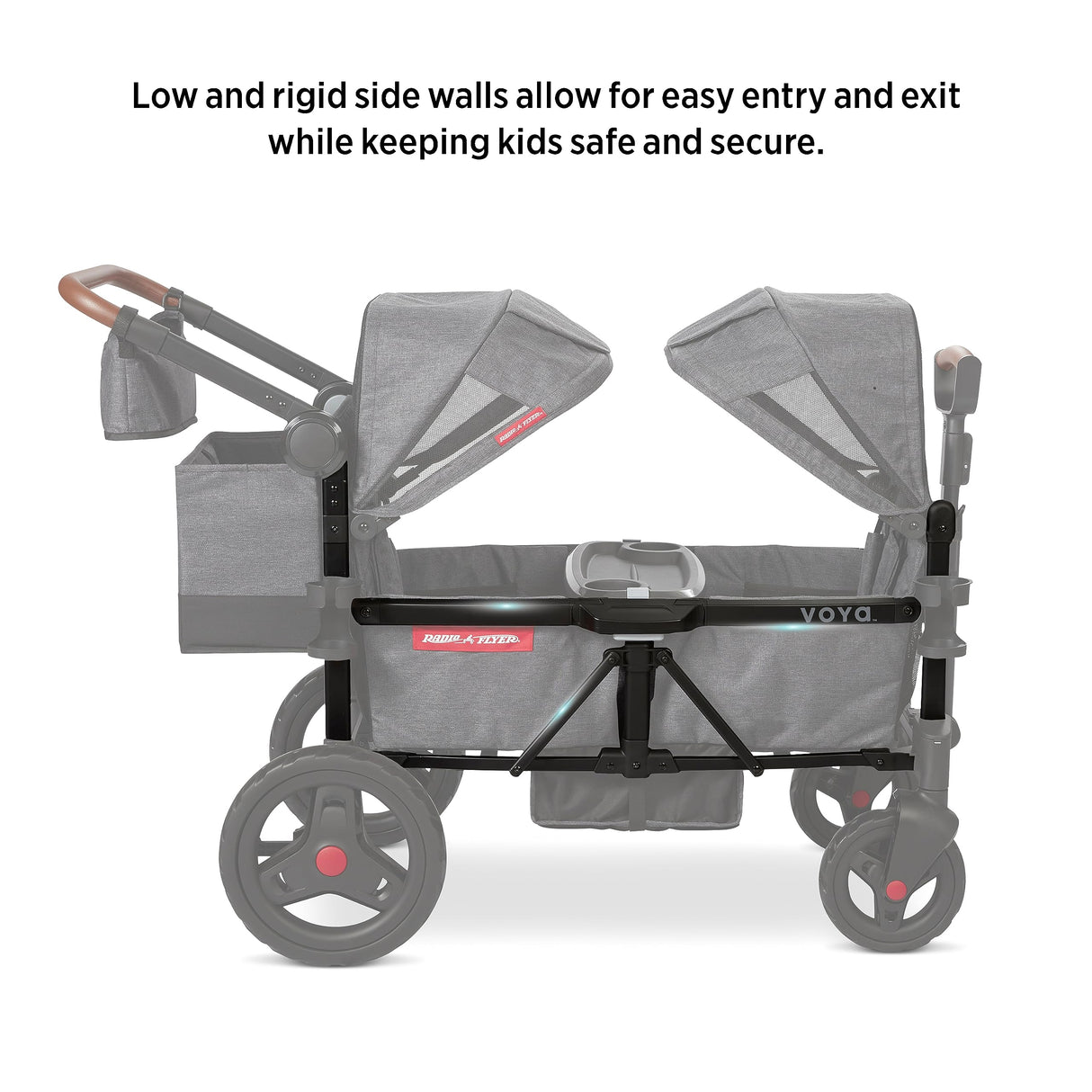 Radio Flyer Voya Stroller Wagon, Cochecito Doble, 2 Asientos Altos Cara a Cara, toldo Ajustable con protección UV, Bandeja para Aperitivos, Gris