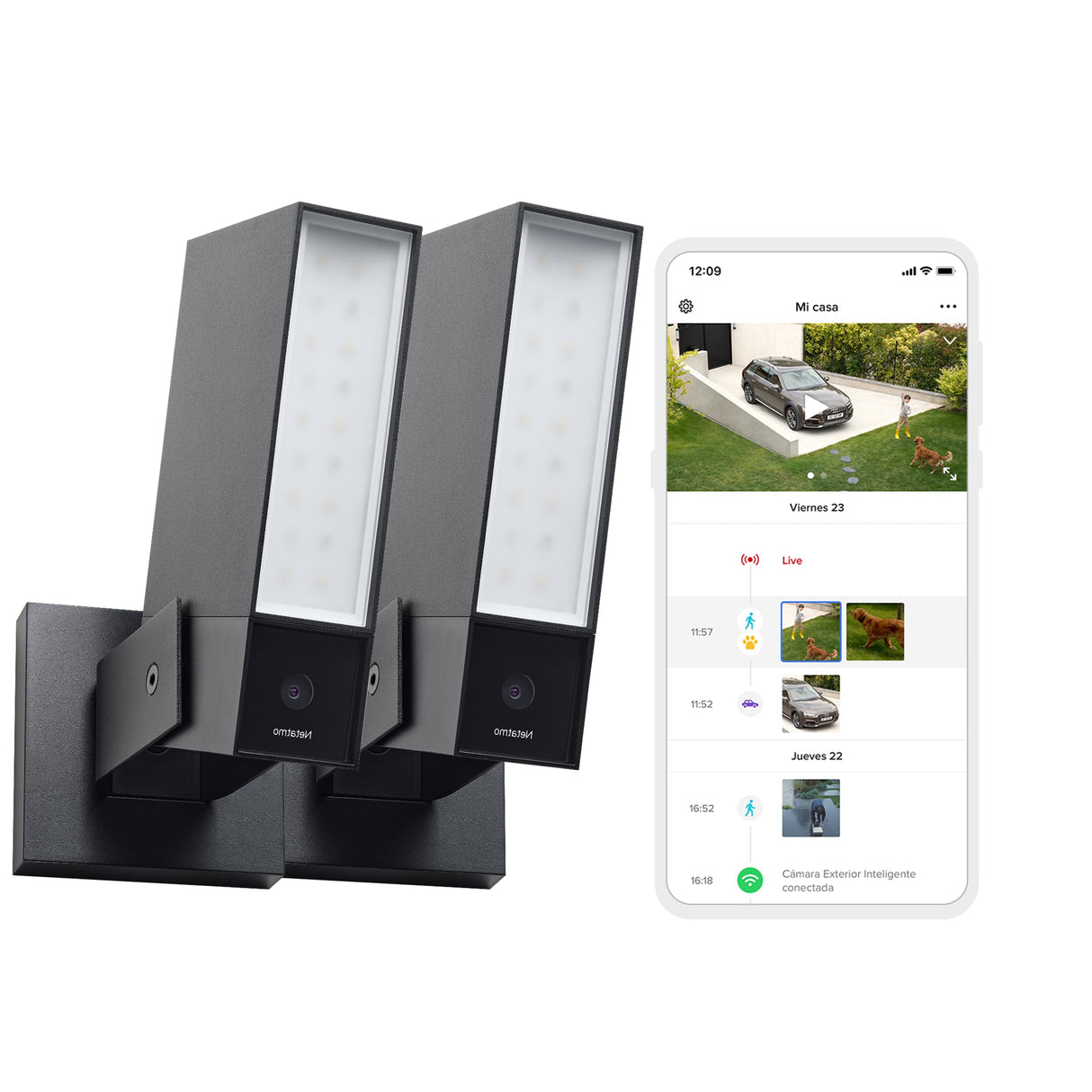 Netatmo Pack 2 Cámaras de Seguridad para Exterior, Vigilancia con Iluminación Integrada, Detección Avanzada de Personas y Vehículos, Video 1920p HD, Aluminio Negro - NBU-2-NOC-AMZ