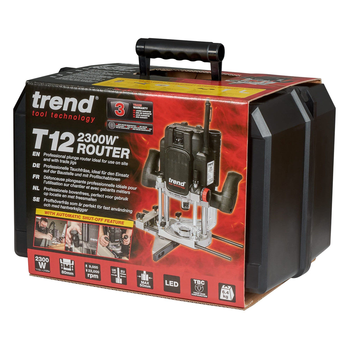 Trend T12EK 2300W Fresadora de velocidad variable de 12 mm 230 V UE, profundidad de entrada de 80 mm, perfecto para ajuste de cerradura, juntas de encimera y perfilado de madera, T12EK/EURO