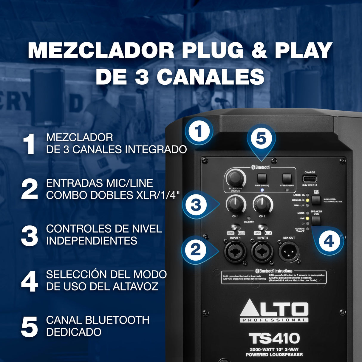 ALTO TS410 Altavoz Autoamplificado 2000W 10 Pulgadas con Mesa de Mezclas de 3 Canales, Streaming Bluetooth, Emparejamiento Inalámbrico de Altavoces, DSP y App