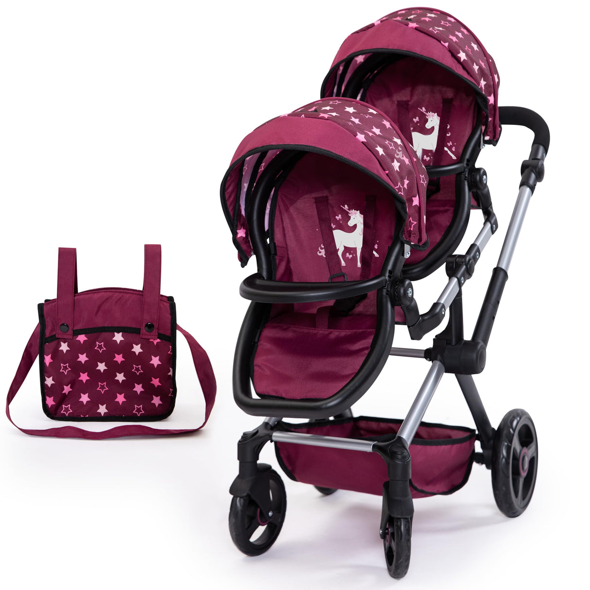 Bayer Design 26723AA Twin Xeo Cochecito de muñeca gemelas, Carrito Doble para muñecos, Altura Regulable, Ruedas Delanteras móviles, Bolsa