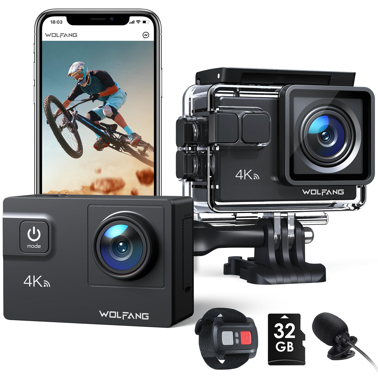 WOLFANG GA300 Cámara Acción 4K, Submarina 40m Impermeable con Tarjeta 32GB, WiFi 60FPS 24MP, Zoom 8X + Gran Angular 170° EIS, Mando 2.4G, Pantalla Táctil, 2 Baterías 1350mAh