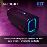 Sony ULT Field 5, Altavoz portátil Bluetooth Potente, 25 H de batería, 2 Modos ULT Power Sound, Resistente al Agua y al Polvo, 360 Luces, Correa Extraible para el Hombro, Compacto, Negro
