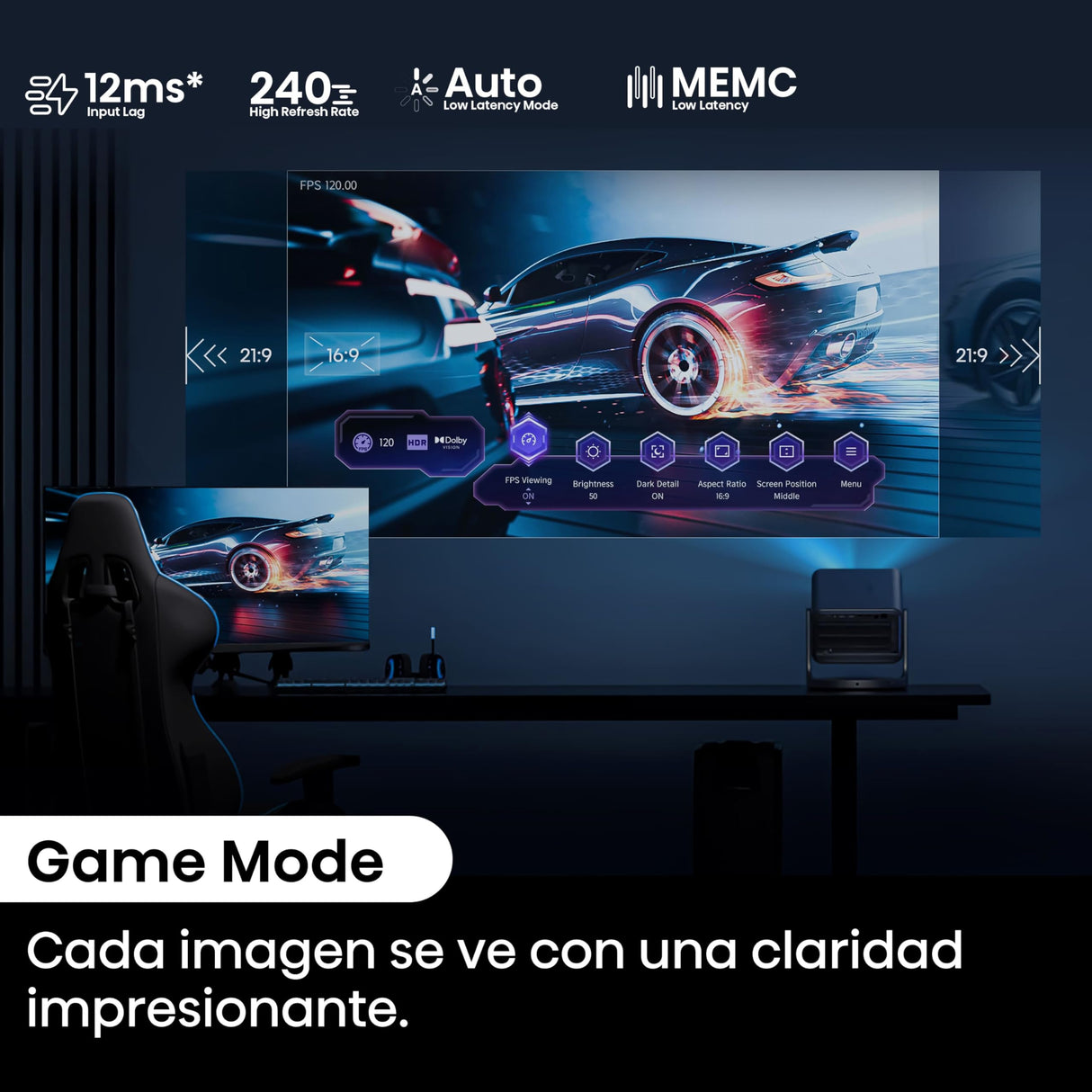 Hisense C2 Ultra Ed. Real Madrid - Mini Proyector Laser UHD 4K Smart TV, de 65" a 300", 3000 Lumen, Dolby Vision Atmos, Audio JBL + Subwofer, Zoom Digital, Autoenfoque, Contraste 2000:1