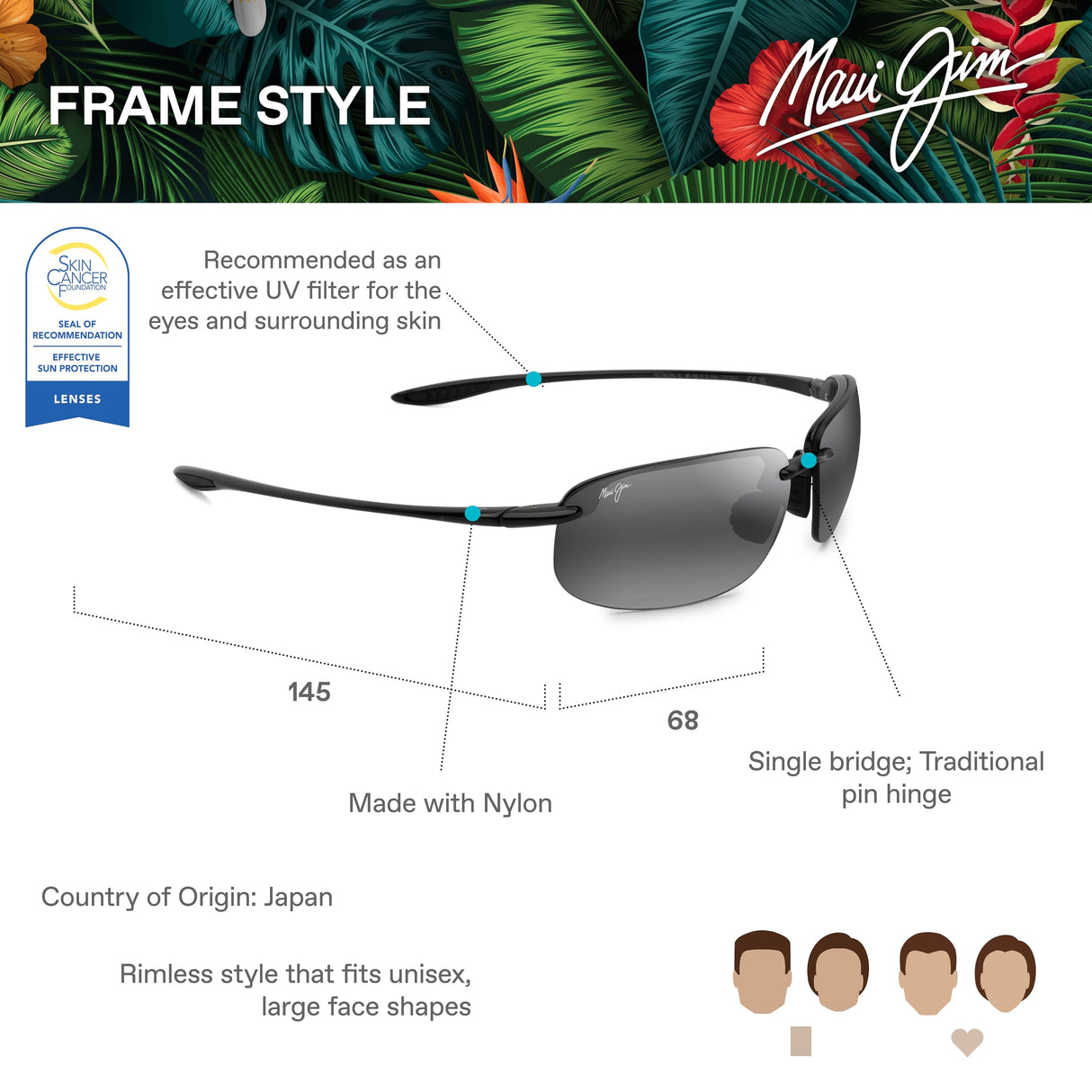 Maui Jim Hookipa Xlarge Gafas, Black Gloss, 68-14-145 Unisex Adulto