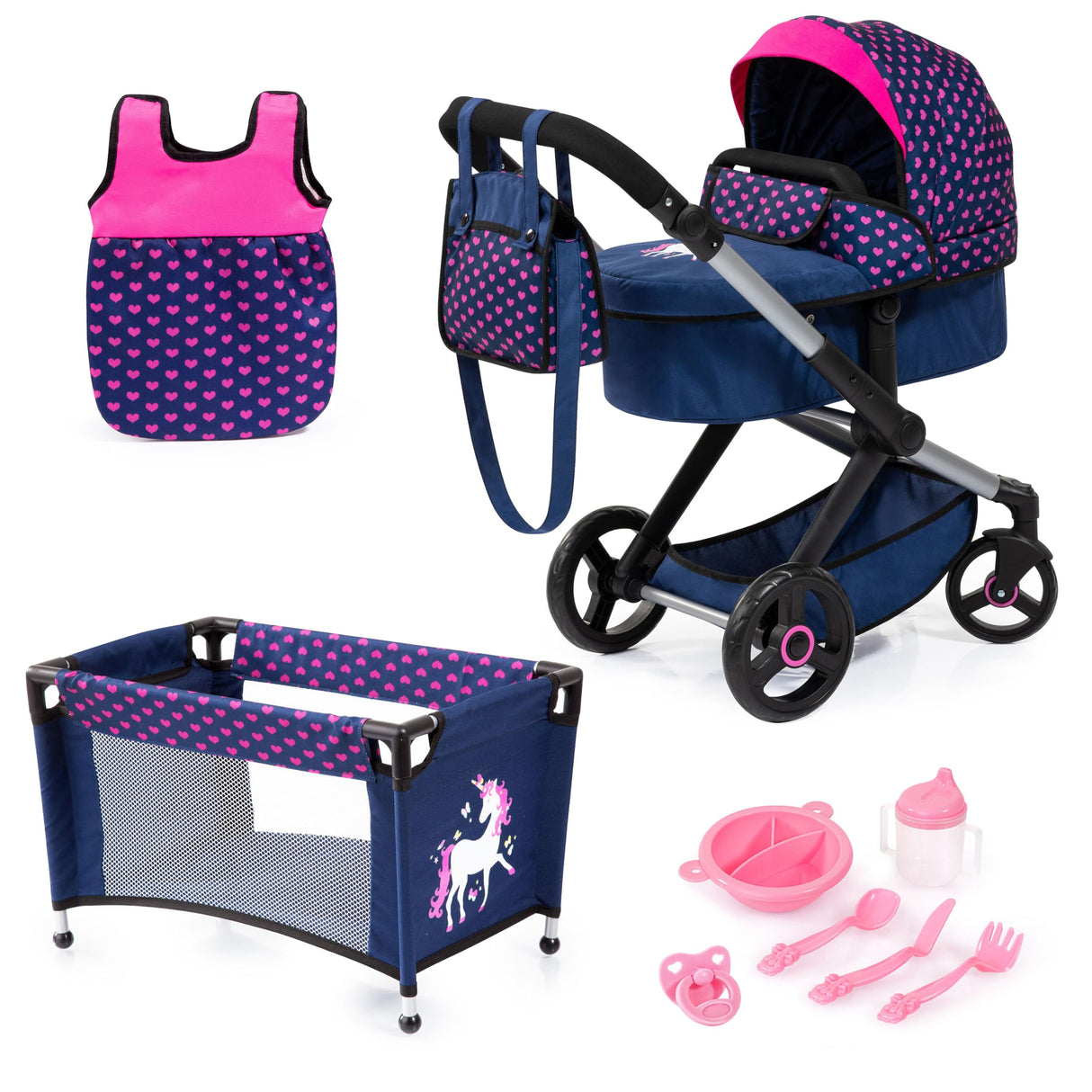 Bayer Design 17054AB Cochecito de muñeca XEO, Convertible, Regulable en Altura, Cuna de Viaje, Bolsa, Saco de Dormir, Accesorios