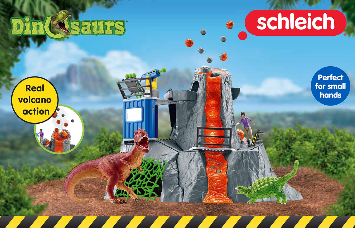 Schleich Dinosaurs 42564 — Set Campamento Base de Expedición con Dinosaurios de Juguetes — Incluye Volcán en Erupción LED, Exploradores y 2 Figuras de Dinosaurios — Juguetes para Niños 5 Años o Más