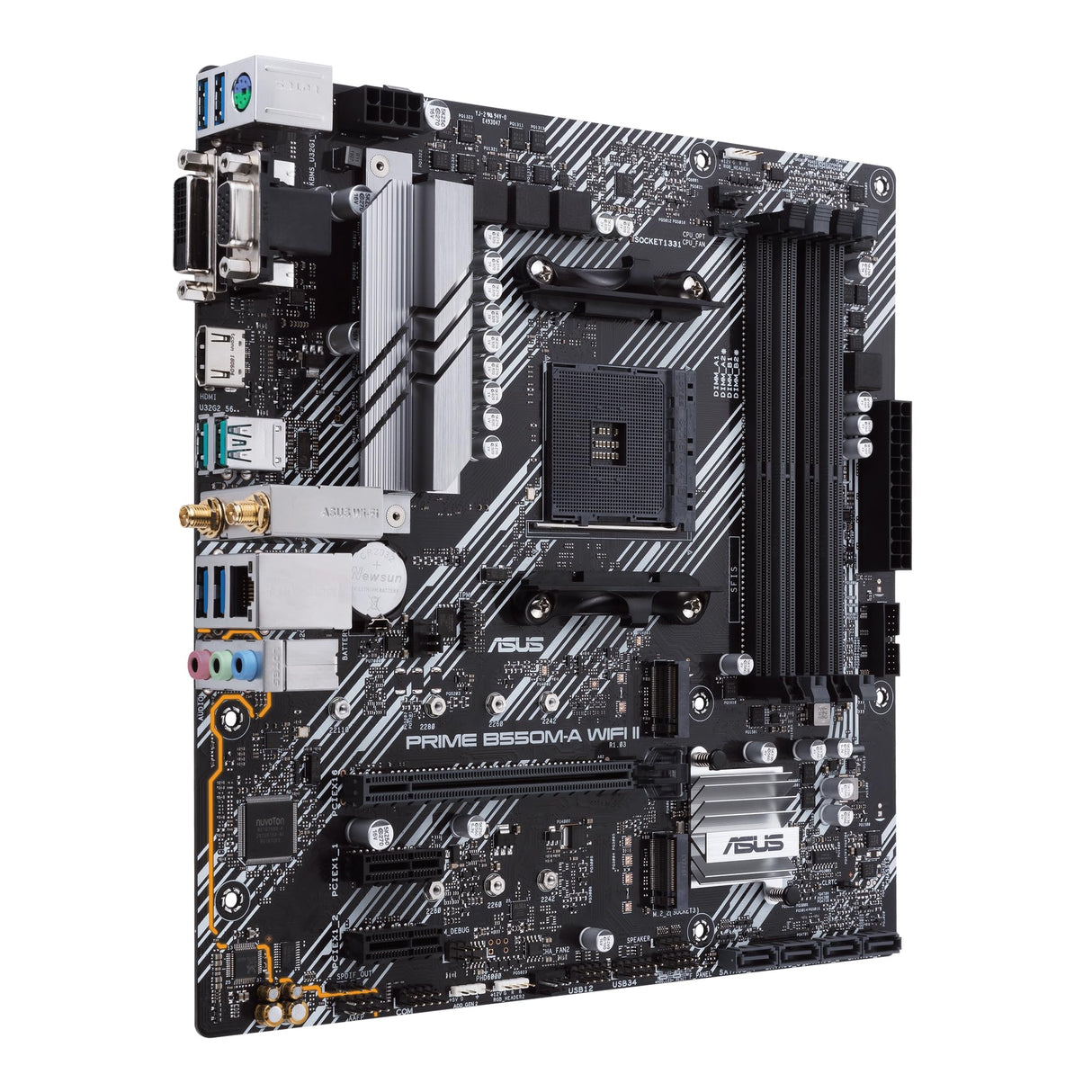 ASUS Prime B550M-A WiFi II - Placa Base Micro-ATX AMD B550 (2X M.2, PCIe 4.0, Wi-Fi 6, 1 GB Ethernet, HDMI, DVI-D, D-Sub, SATA 6 Gbps, USB 3.2 Gen. 2 de Tipo A y Conectores Aura Sync RGB)