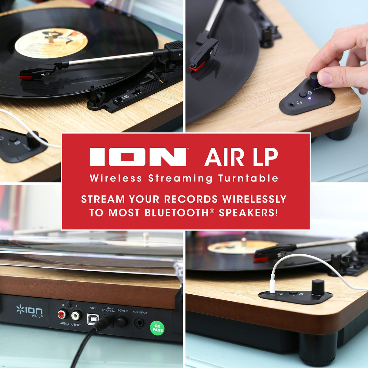 ION Audio Air LP Wood - Tocadiscos de vinilo Bluetooth - reproducción inalámbrica y conversión de discos de 3 velocidades - 33 1/3, 45 y 78 RPM, Acabado Madera