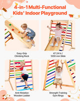 VEVOR 4 en 1 Parque Infantil de Madera para Interior, Carga 100 kg Juego de Escalada Montessori 2060 x 880 x 1205 mm con Roca de Escalar, Tobogán, Escalera de Madera y Anillas de Gimnasio, Colorido