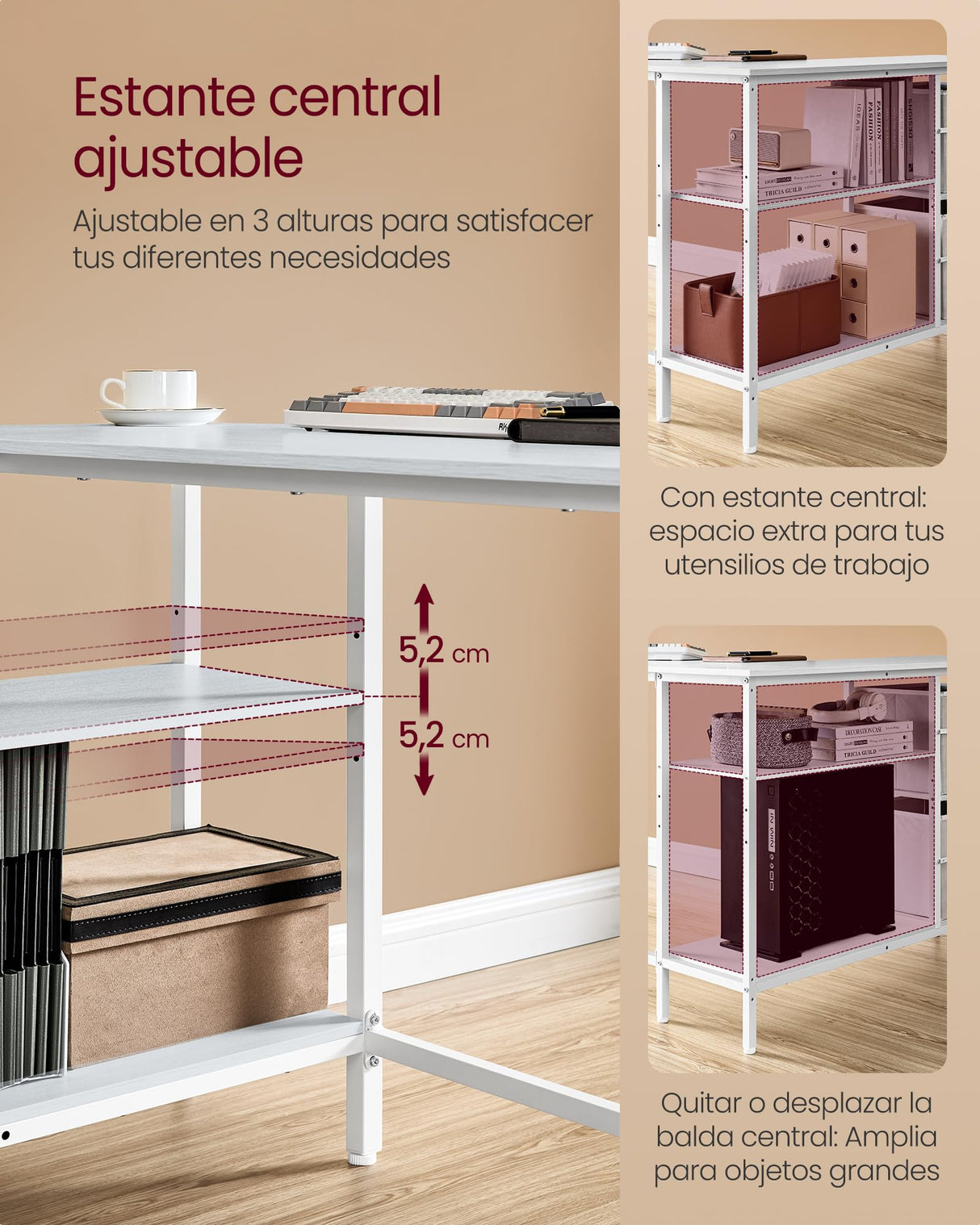 VASAGLE Escritorio en Forma de L, Esquinero, con 2 Amplios Cajones, Mesa con Soporte para Monitor, para Esquina, con Estante Ajustable, para Oficina Casa, Blanco Arce LWD098W01