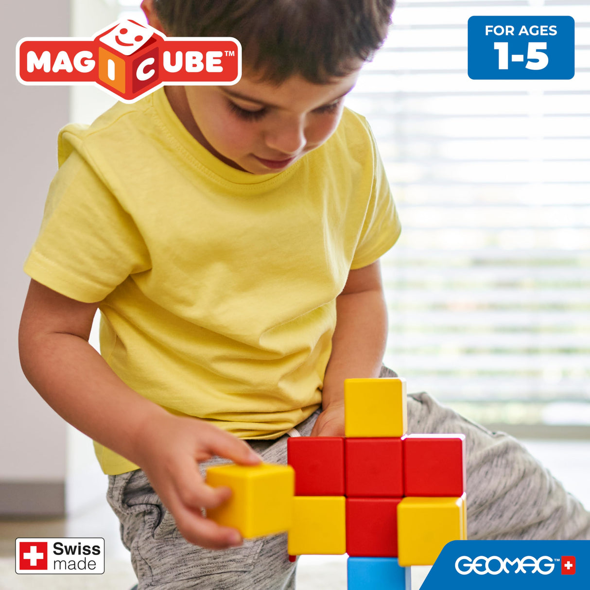 Geomag Magicube Full Color, Bloques de Construcción Magnéticos para Niños a Partir de 1 Año – Juego de 64 Bloques de 4 Colores Hechos de Plástico 100% Reciclado