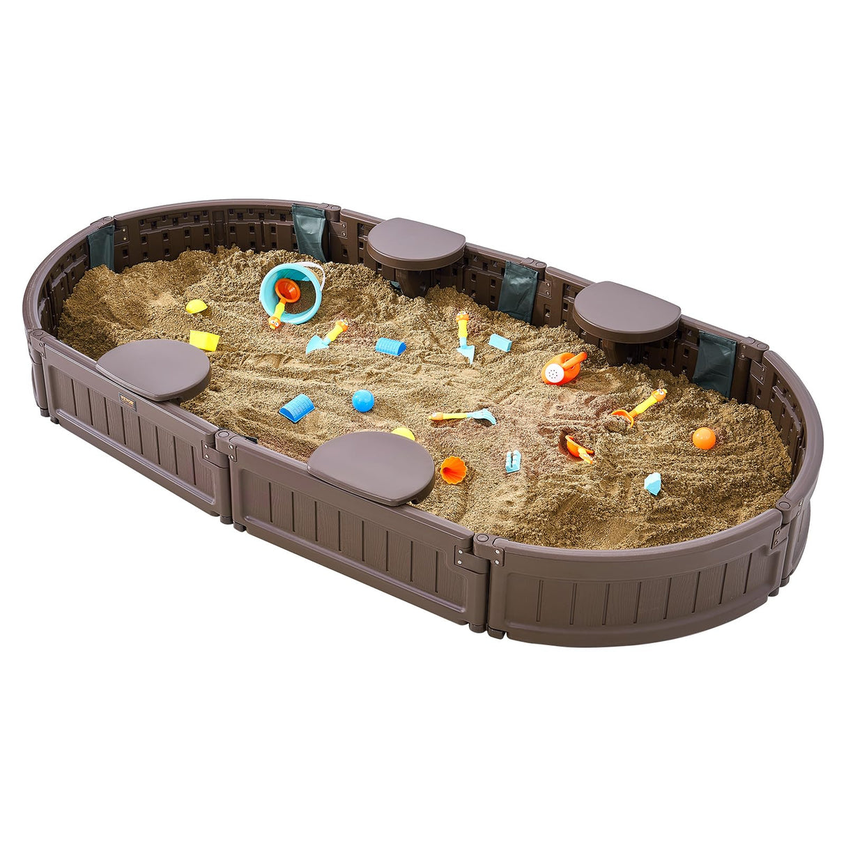 VEVOR Caja de Arena con Tapa Areno de HDPE Ovalado de 183x105,5x23cm con 4 Asientos en Las Esquinas y Revestimiento Inferior para Niños de 3 a 12 Años para Patio al Aire Libre, Playa, Parque, Marrón