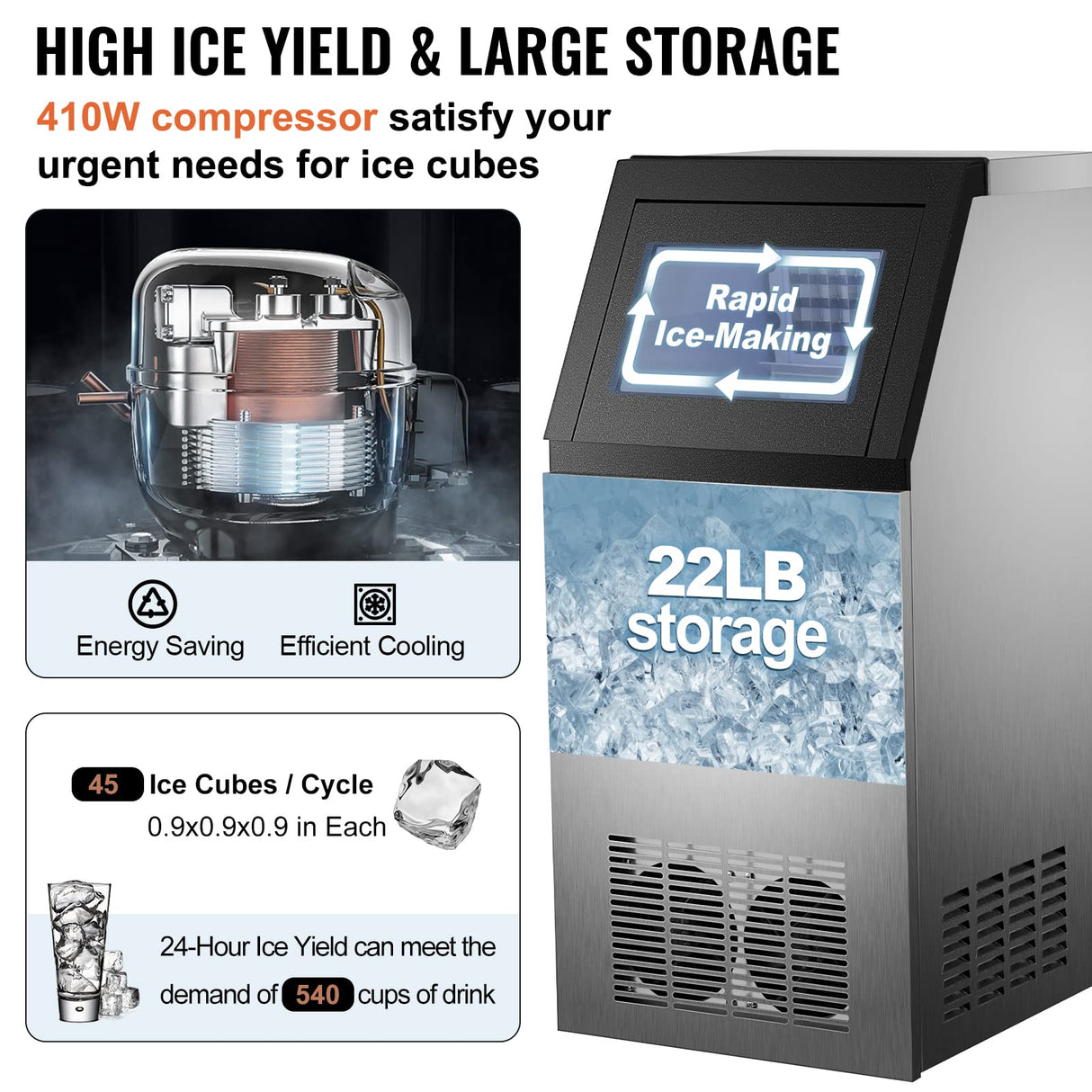 SucceBuy Máquina para Hacer Hielo de Acero Inoxidable de Calidad Alimentaria, Trituradora de Máquina de Hielo Comercial, 280W, 68kg/24 horas, Panel de Control LCD Inteligente
