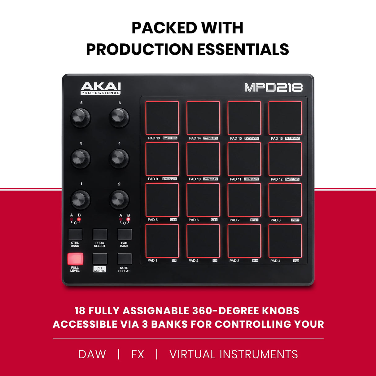 AKAI Professional MPD218 - Controlador de pad MIDI/máquina de pad de percusión/creador de ritmos con 16 pads, controles asignables, software de producción incluido