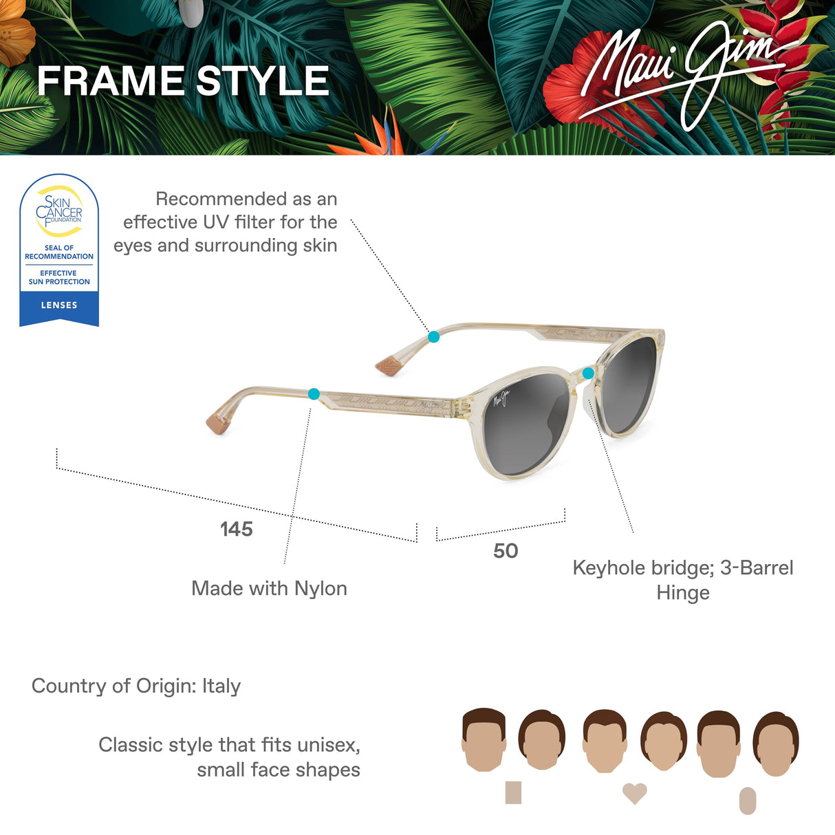 Maui Jim Hiehie Gafas, Shiny Trans Yellow, 50-20-145 Unisex Adulto
