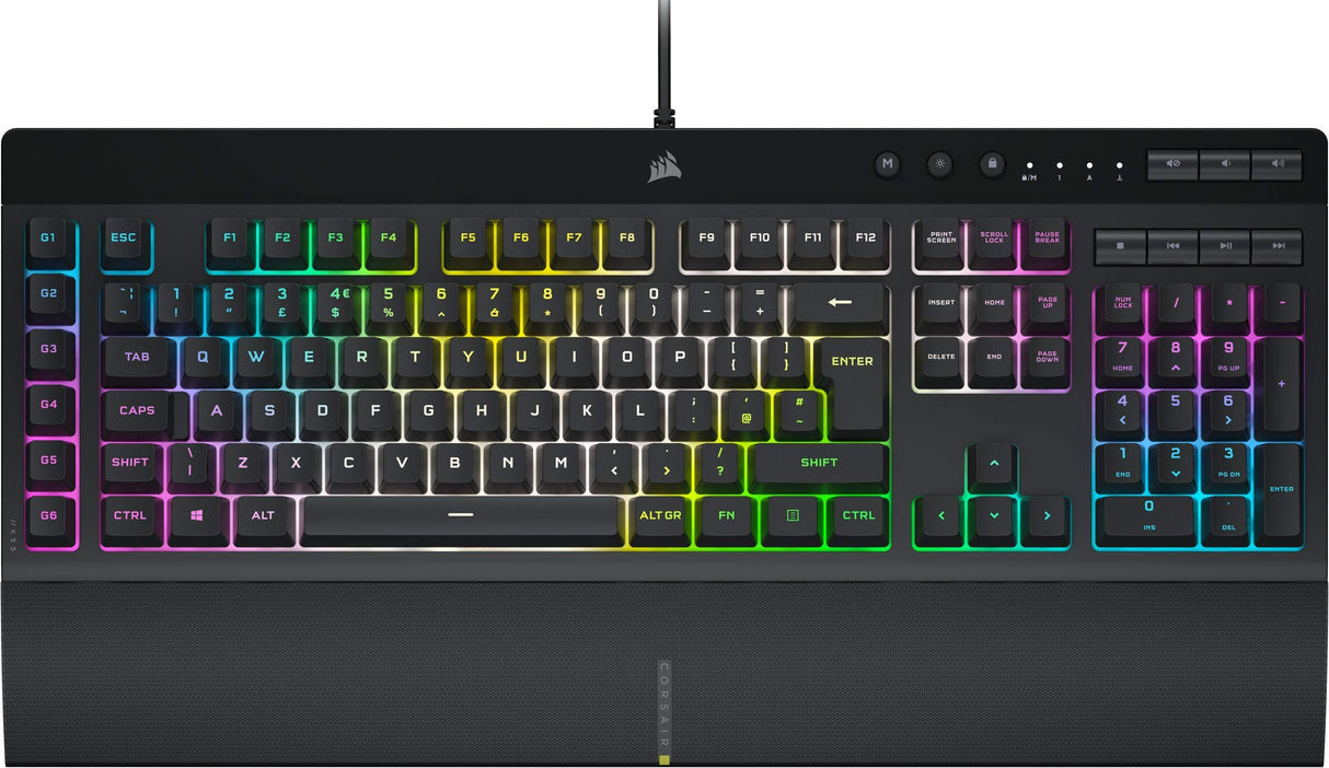 CORSAIR K55 RGB PRO XT Membrana Teclado para juegos con cable, IP42, resistente al polvo y a derrames, 6 teclas macro con integración Elgato, compatible con iCUE, QWERTY UK, PC, Mac, Xbox, color negro