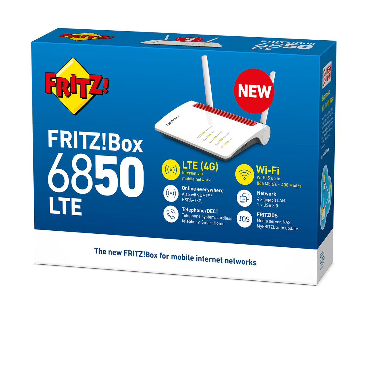 Fritz!Box 6850 LTE International - Modem LTE, Wi - Fi AC+N (866 Mbps 5 GHz y 400 Mbps 2,4 GHz) Mesh, 4 x LAN Gigabit, USB 3.0, centralita, VoIP, Base DECT, Interfaz en Español, Blanco/Rojo