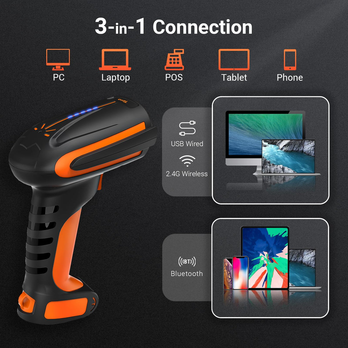 Tera Pro Lector de código de Barras QR de Calidad Industrial 2D Inalámbrico 1D Escáner de Mano 2.4G Inalámbrico + Bluetooth Excelente Resistencia a caídas (3 m) con Soporte súper Estable, 8100