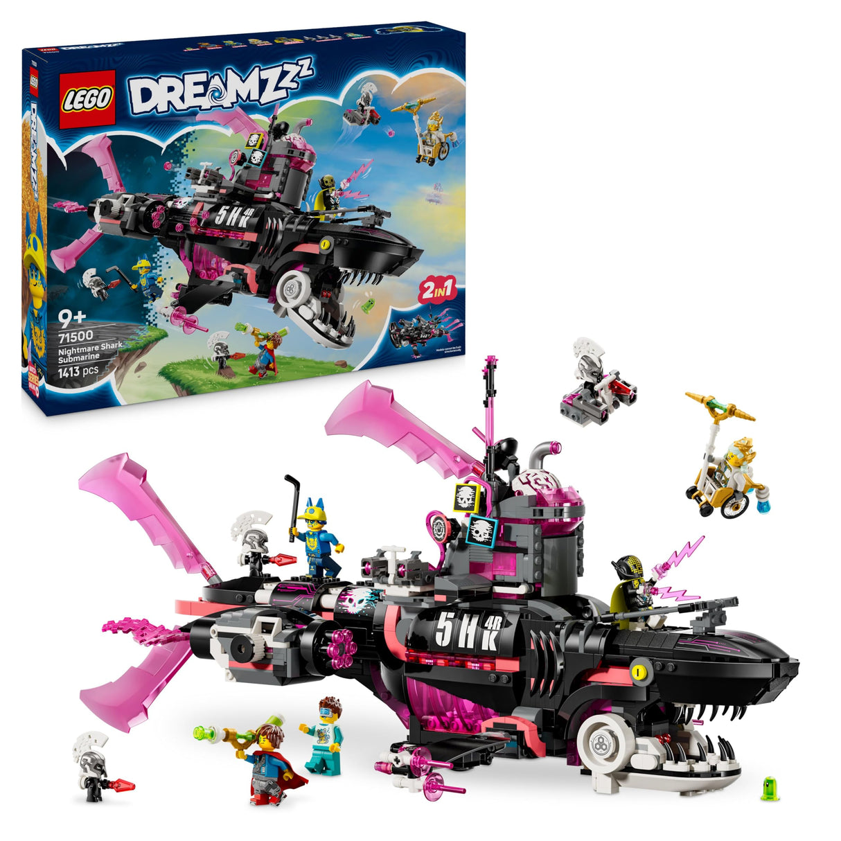 LEGO DREAMZzz 2 en 1 Submarino-Tiburón de Las Pesadillas de Juguete - 2 Opciones de Construcción con Aeronaves y 5 Minifiguras Inc. Mateo y Astrid - Regalo de para Niños y Niñas de 9+ años 71500