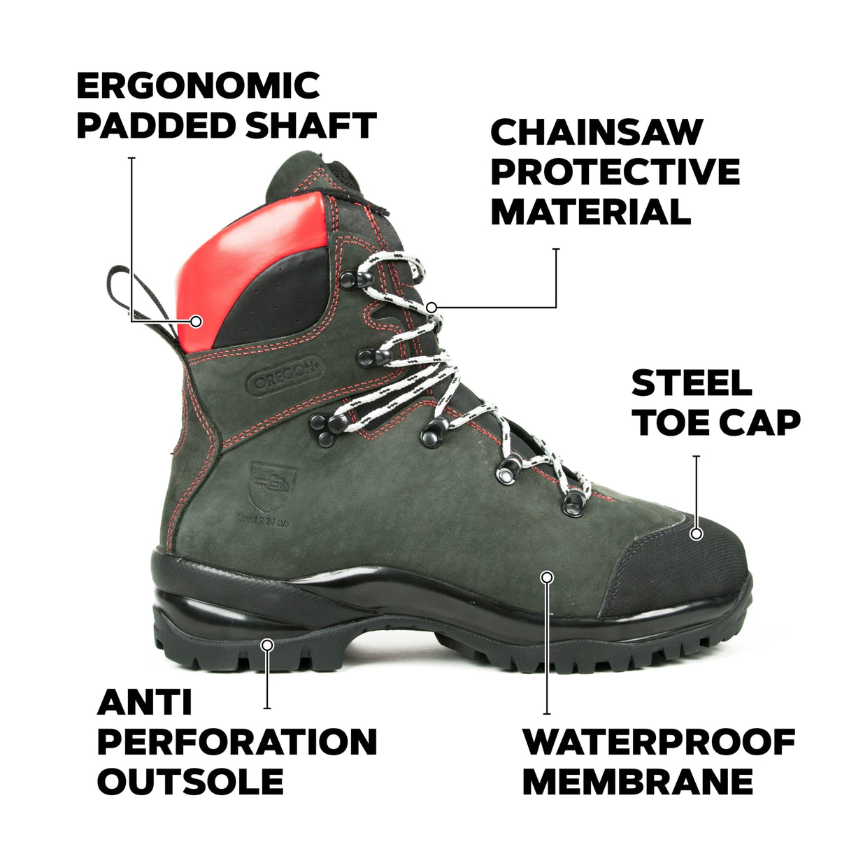 Oregon Botas de Seguridad Fiorland para Trabajos con Motosierra, Botas Impermeables con Protección Clase 2, EPI de Seguridad, Resistentes al Calor y al Frío, Máxima Comodidad - Talla EU 42 (UK 8)