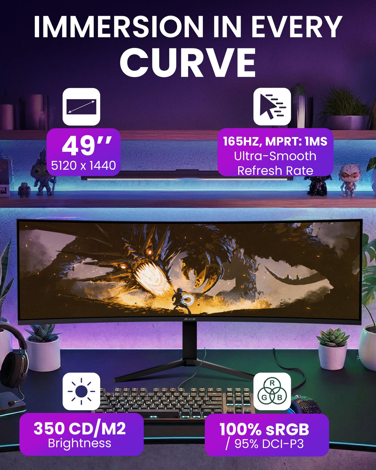 Arozzi Nova 49" Monitor Gaming Curvo VA DQHD 5120×1440, 165 Hz, 1 ms, FreeSync, HDR, USB-C 65W, Ultrapanorámico, Altavoces Integrados – Negro