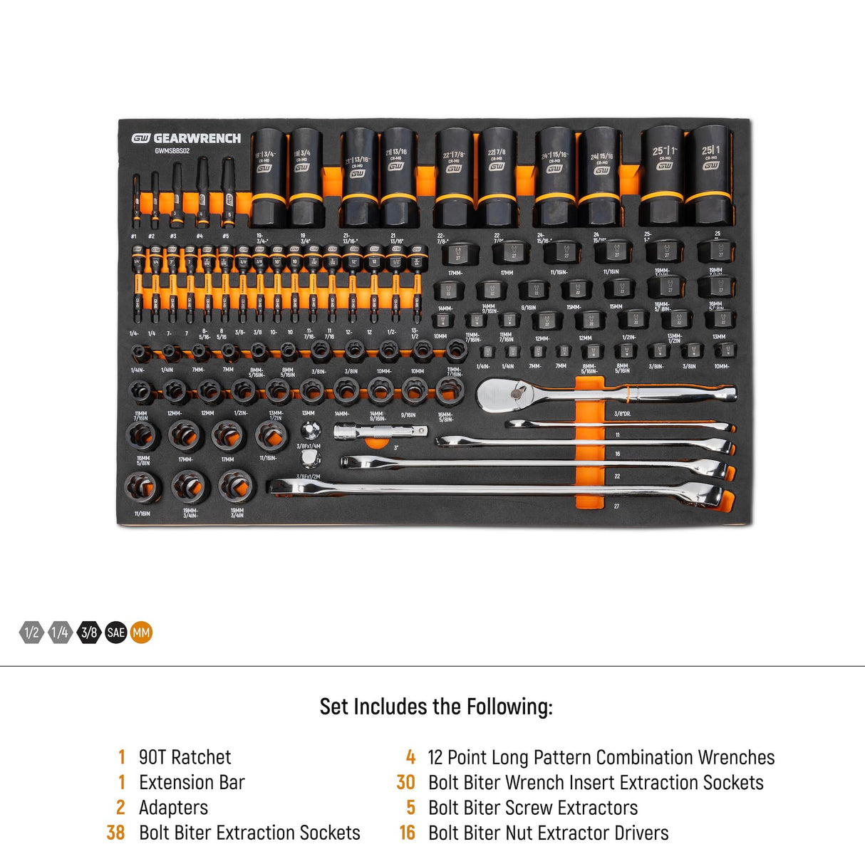 GearWrench GWMSBBS02 - Juego de herramientas mecánicas de 97 piezas de 1/10.2 cm, 3/20.3 cm, 1/5.1 cm en bandeja de almacenamiento de espuma