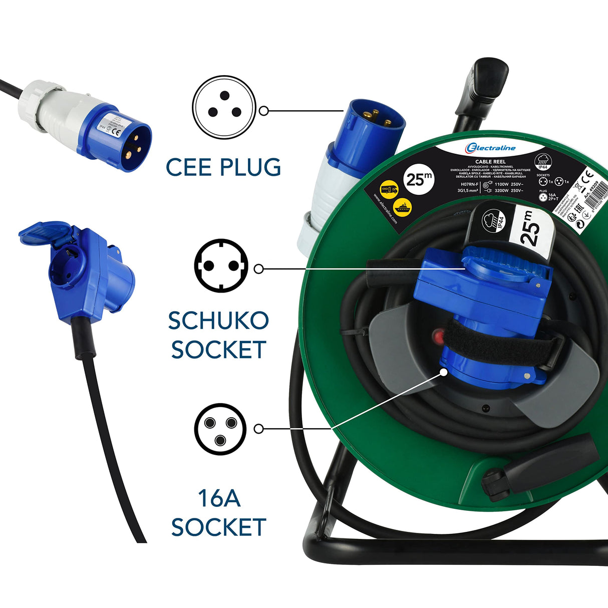 Electraline 49209 Enrollacables eléctrica de 25 m para campistas, camping, caravana, con toma CEE de 3 polos y enchufe industrial IEC - IP44, Verde/Negro