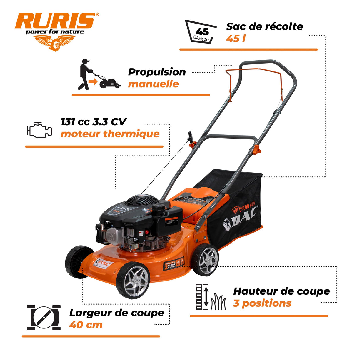 RURIS Césped Térmico DAC 100XLS - Motor 3,3 CV 131 CC - Ancho de Corte 40 cm - Bandeja de Recogida 45 L - Superficie de hasta 1300 m²