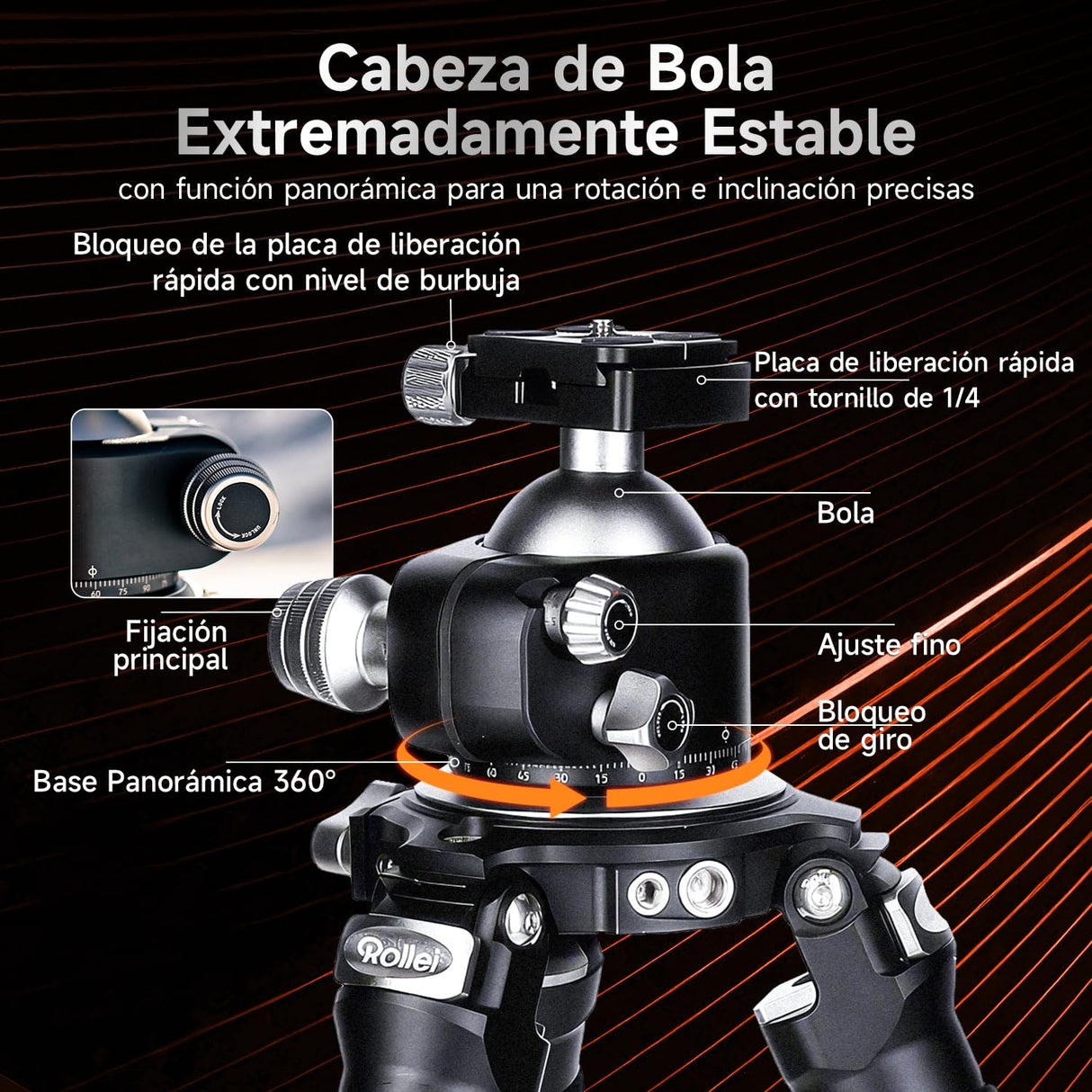 Rollei Rock Solid Alpha Mark III, 166cm Tripode Carbono Fotografia Trípode Profesional para Cámaras con Capacidad de Carga de 30kg Camera Tripod Negro con Rótula Ajustable para DSLR Videocámara