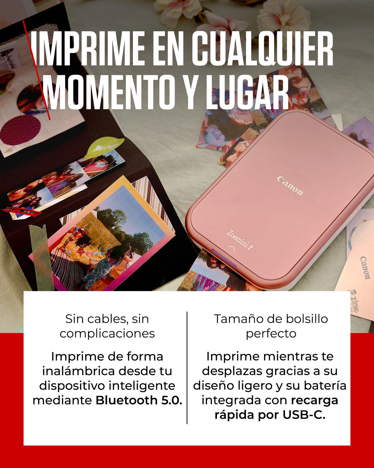 Canon Zoemini 2 Kit de Impresión – Impresora Fotográfica Portátil y Compacta – Bluetooth 5.0 – Carga Rápida USB C Ideal para Viajes (Oro Rosa)